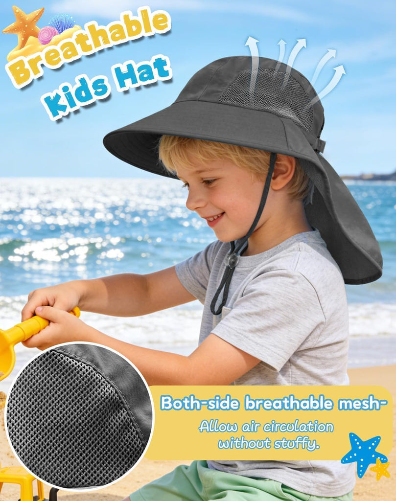 Kids Sun Hat with Neck Flap UV Protection Summer Toddler Beach Hat Unisex Ponytail Hat Wide Brim Fishing Hat