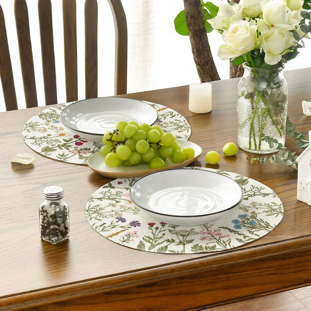 Antique Herbs Wild Flowers Spring Round Placemats, 14 Inch Summer Round Table Mats for Dining Decoration - Set of 6