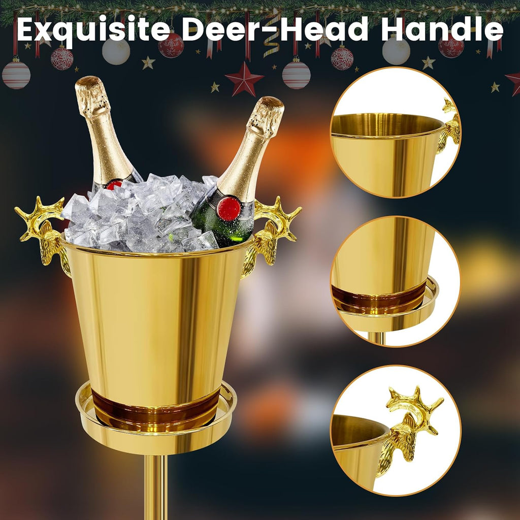 Ice Bucket with Stand,Gold Stainless Steel Champagne Ice Bucket,Deer Head Handle Wine Chiller Bucket for Christmas