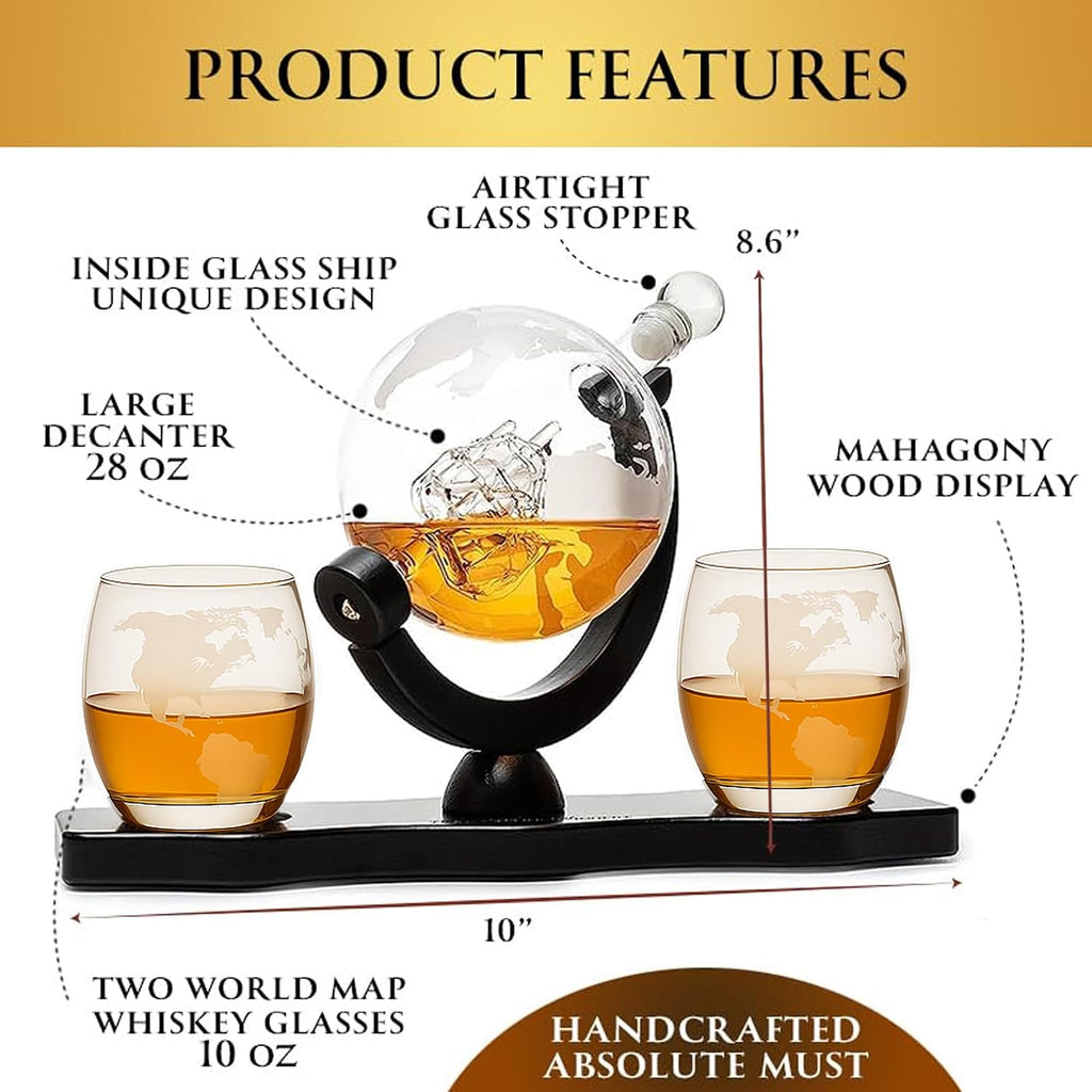 Gifts for Men Dad, Whiskey Decanter Globe Set with Ball & Glasses, Anniversary Birthday Gifts for Him Husband - Set of 2
