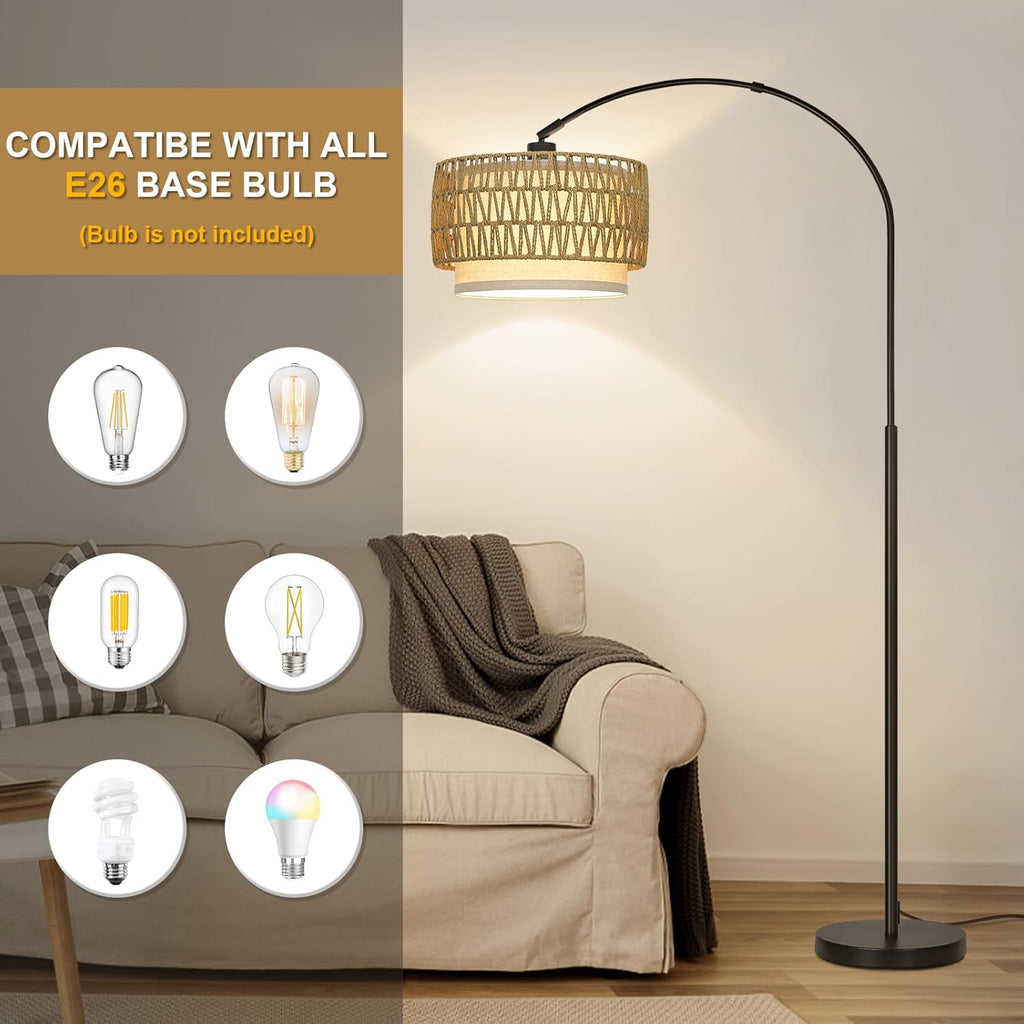 Rattan Floor Lamp, Arc Floor Lamps, Farmhouse Standing Lamp with Adjustable Hanging Fabric Shade