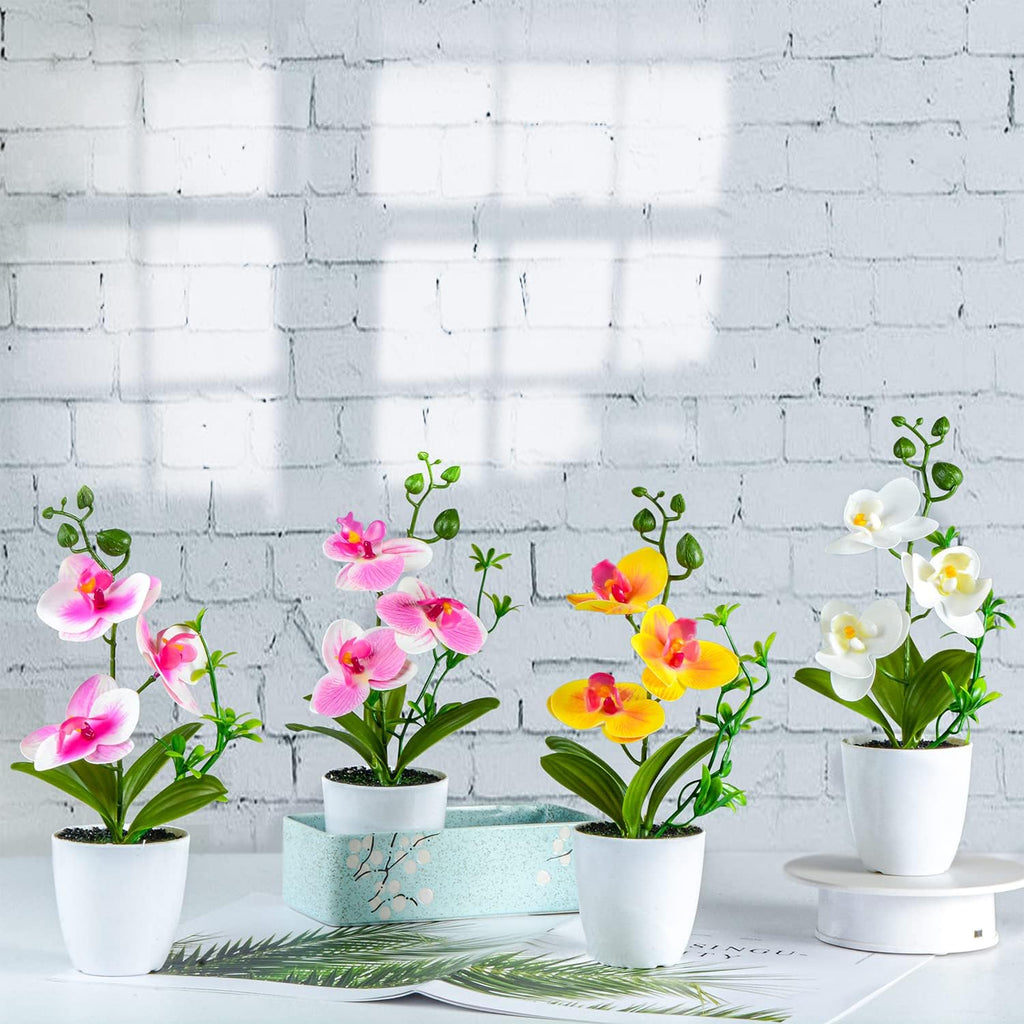 Artificial Orchid Flowers Mini Potted Orchid Flowers Fake Orchids with Plastic Vase Wedding Table Centerpiece - Set of 4