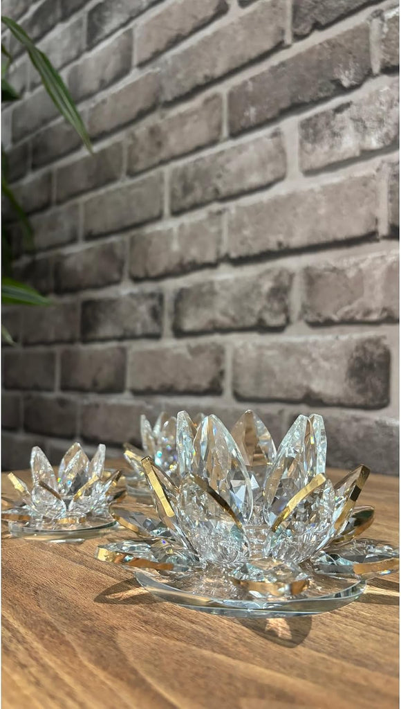 Decorative Crystal Glass Lotus Flower Candle Holder Set (3 Pieces) - Gold Trim - Refined Feng Shui Decor for Tables
