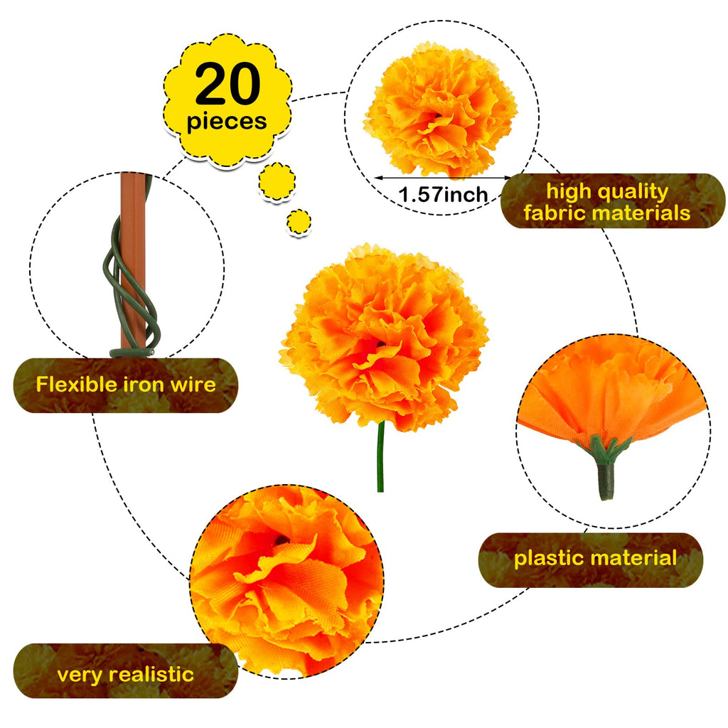 20 Pcs Artificial Marigold Flowers Halloween, Black, Orange