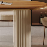 71" Oval Dining Table for 6, Brown Wood Dining Tabletop with White Dual-Pedestal, Mid-Century Modern Dining Room