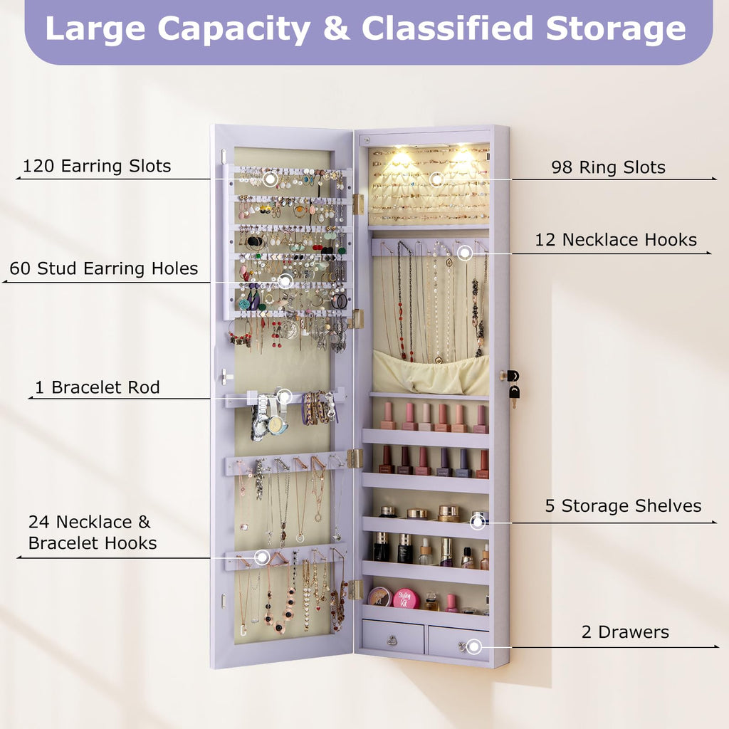 Wall Door Mounted Jewelry Armoire with 47.5" Full Length Mirror & 2 LED Lights, Large Storage Capacity, Lockable