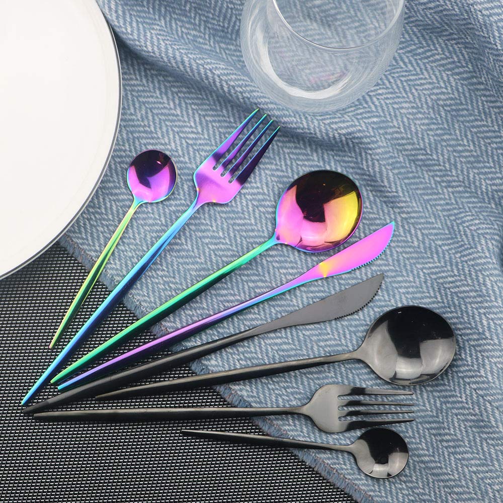 Flatware Set 24 Piece, Stainless Steel With Titanium Colorful Plated, Multicolor Flatware Set, Silverware, Rainbow