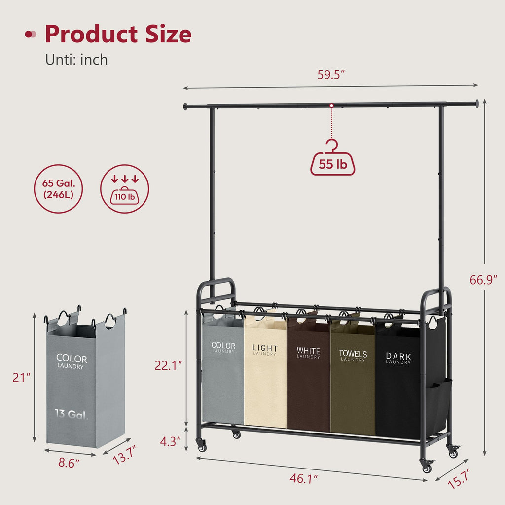 Laundry Sorter Cart with Hanging Rack, 5 Section, 5 Colors