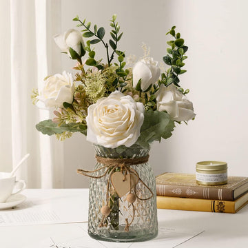 YJ Fake Flowers with Vase, Silk Roses Artificial Flowers in Vase, Faux Flower Plant Arrangement Suitable Decoration