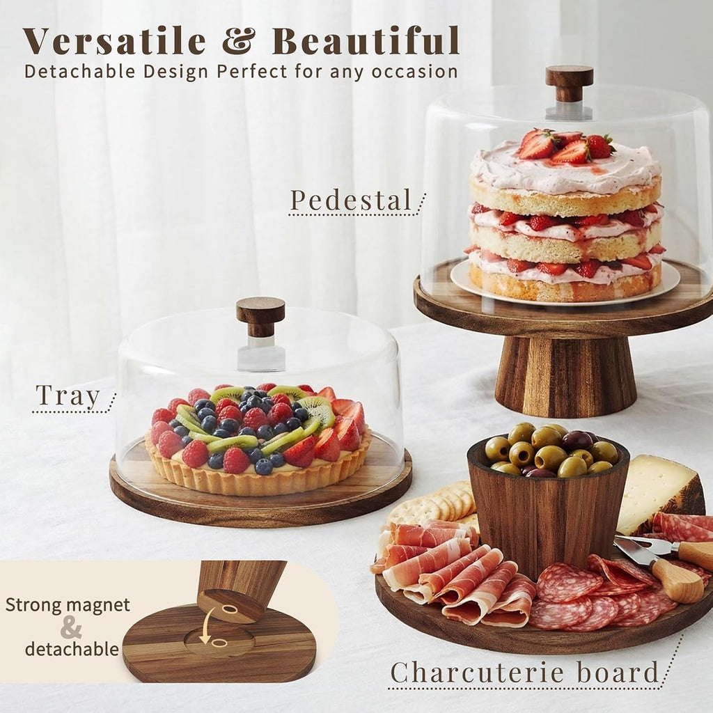 3-in-1 Acacia Wood 11 inch Cake Stand with Tall Acrylic Lid