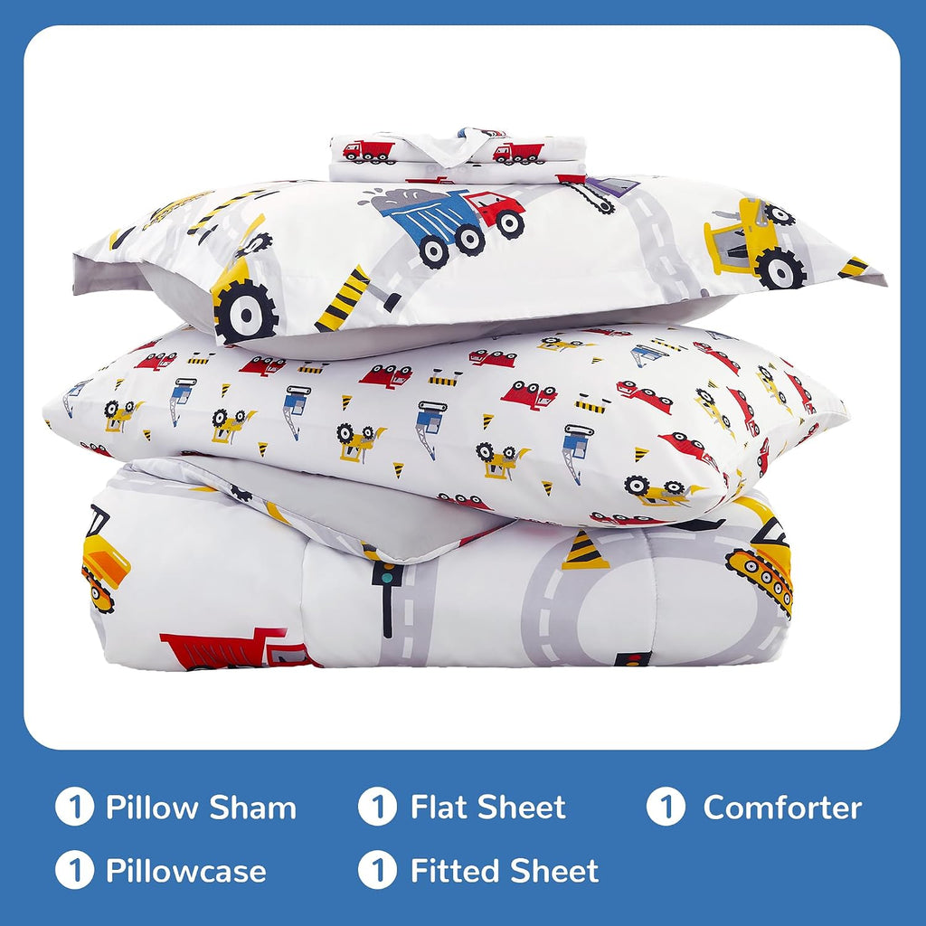 Kids Twin Bedding Sets for Boys, Girls Soft Twin Comforter Set with Sheets, 5 Pieces Microfiber Bed in a Bag, White