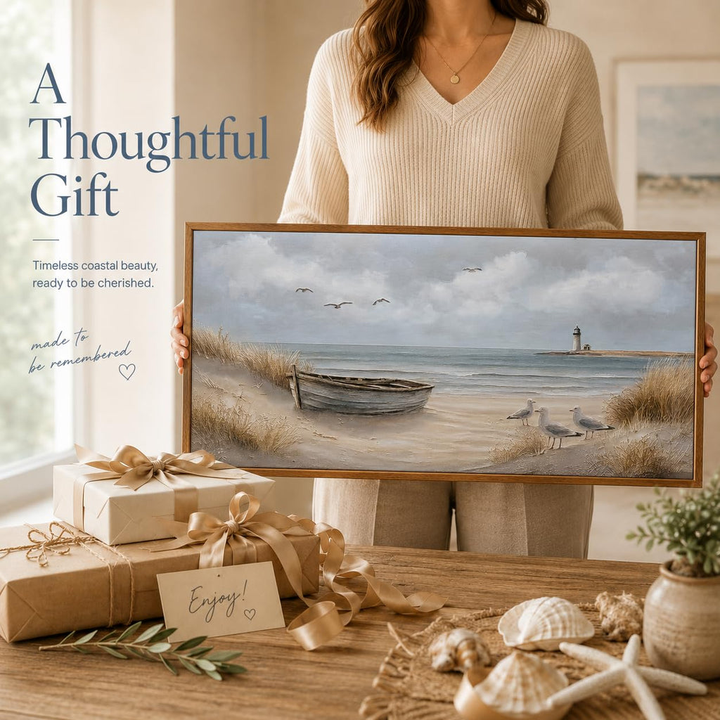 Framed Beach Coastal Lighthouse Canvas Wall Art 16X32 Inch