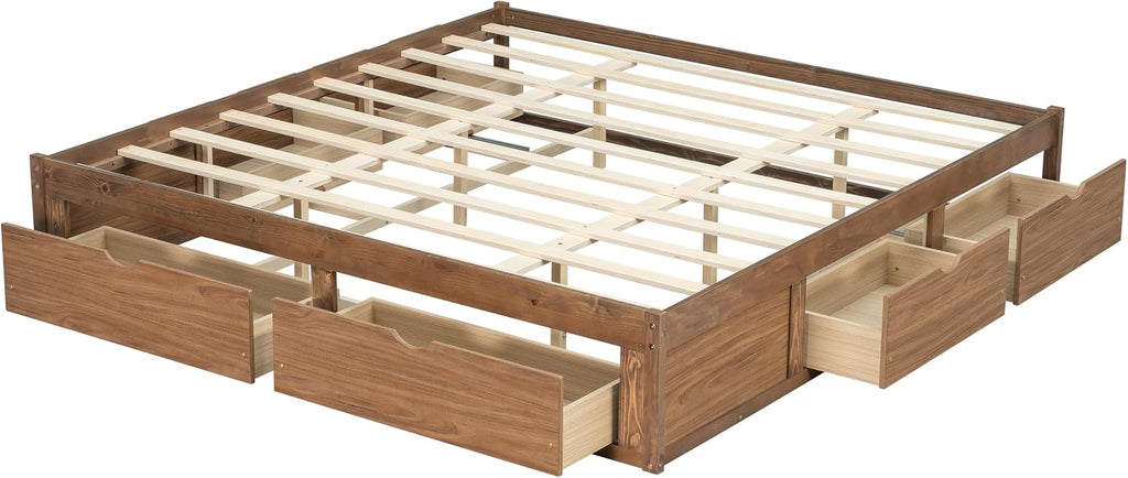 Solid Wood Floor King Bed Frame with Storage Drawers No Headboard