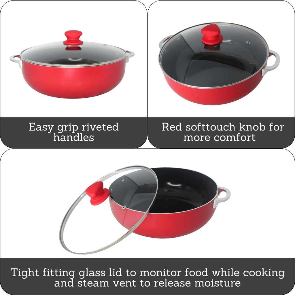 6.9 Qt Large Red Aluminum Dutch Oven Caldero with Black Ceramic Nonstick & Glass Lid - Big Rice, Stew, Cooking Pot