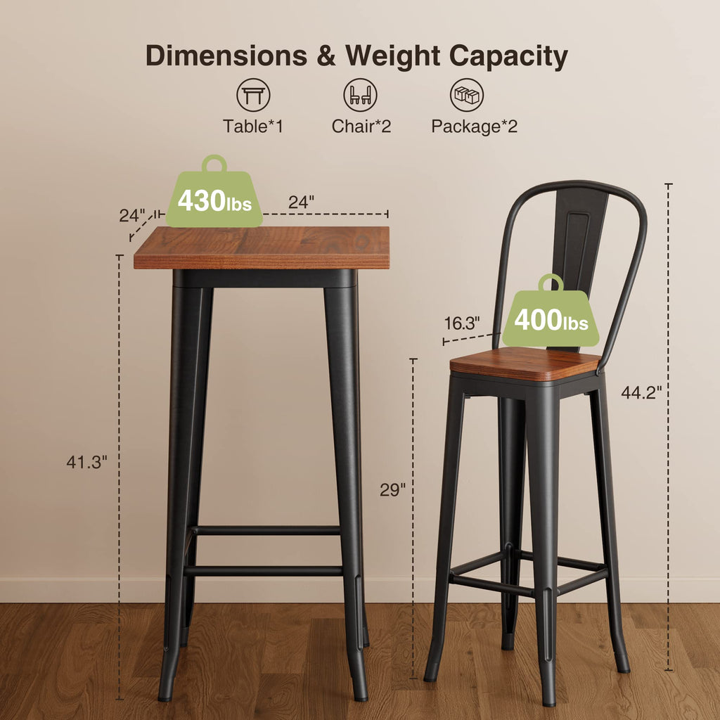 Bar Table and Chairs Set, Pub Table and Chairs Set of 2, with Elm Solid Wood and Thickened Metal Frame, for Bar