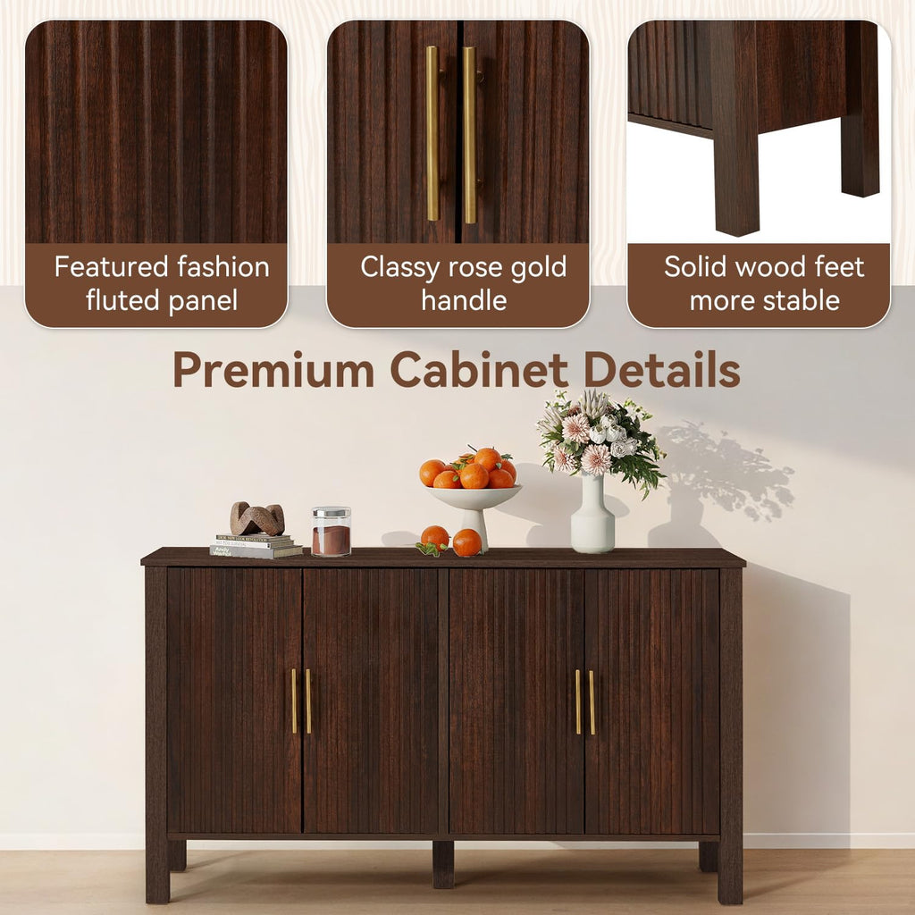 Brown Mid-Century 4-Door Fluted Buffet Cabinet with Storage