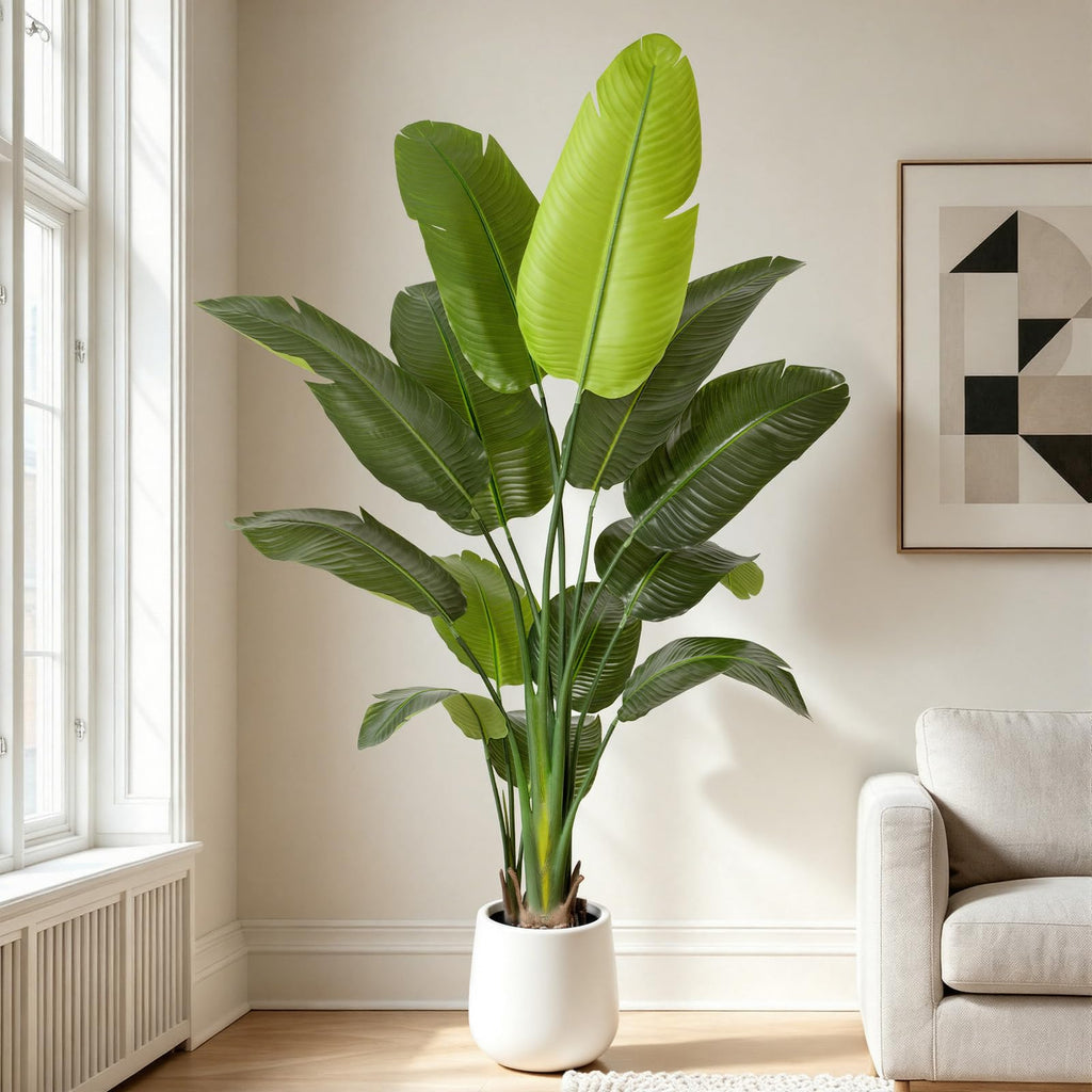 6FT Artificial Bird of Paradise Plant Tall, 71"Fake Tropical Tree with 13 Banana Leaves and White Pot, Large Faux Silk