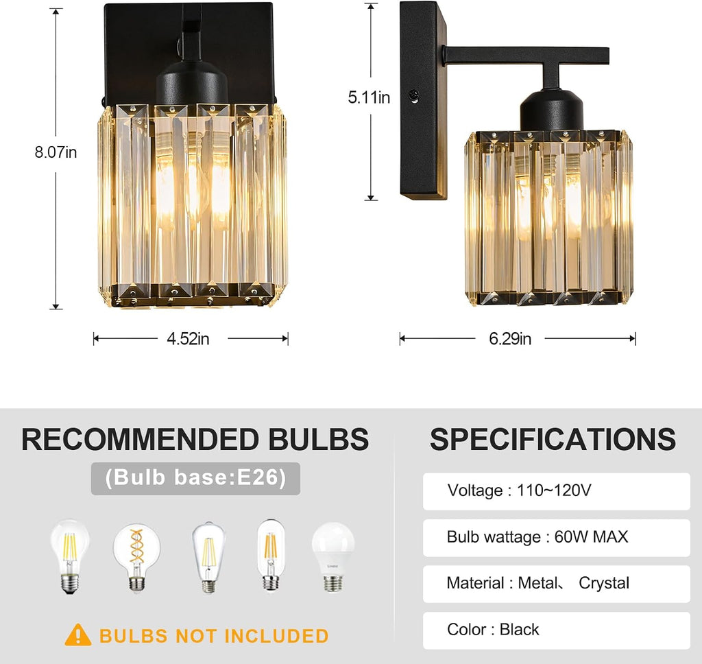 Modern Wall Sconces Set of Two Indoor Wall Lamp Black Wall Sconce Crystal Wall Light Bathroom Vanity Light Fixtures