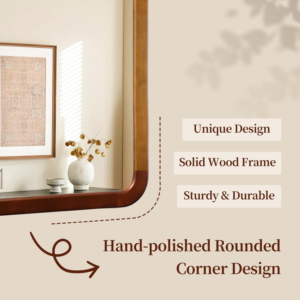 Bathroom Mirror 24 x 24 Inch, Brown Wood Walnut Square Tempered Wall Mirror