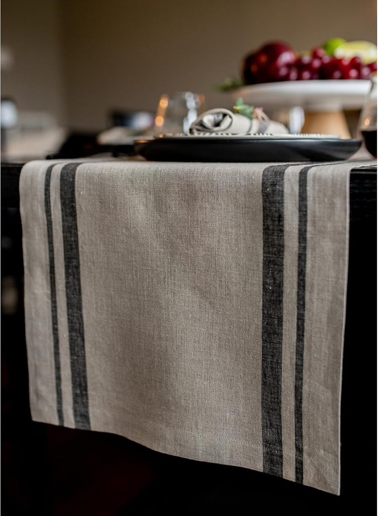 100% Pure Linen Table Runner, 14 x 108 in, Black, French Stripe | Table Runners for dining, hallway and console
