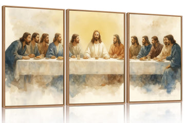 Jesus Last Supper Canvas Wall Art Set 3, Framed Christian Easter Decor Painting, Religious Boho Prints, Bible