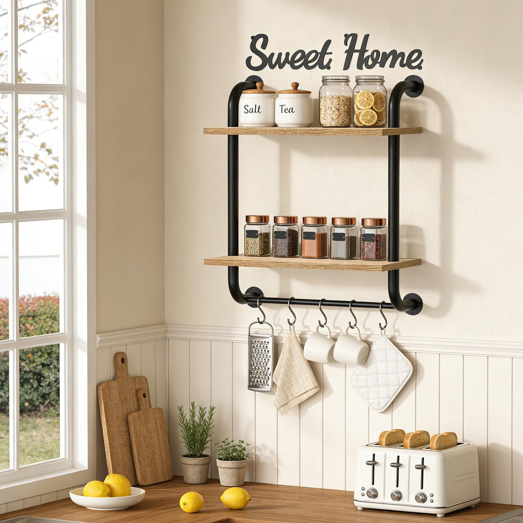 Bathroom Shelves Wall Mounted, Rustic Farmhouse Pipe Shelves, 2-Tier, Industrial Shelving Over Toilet, Floating Shelf