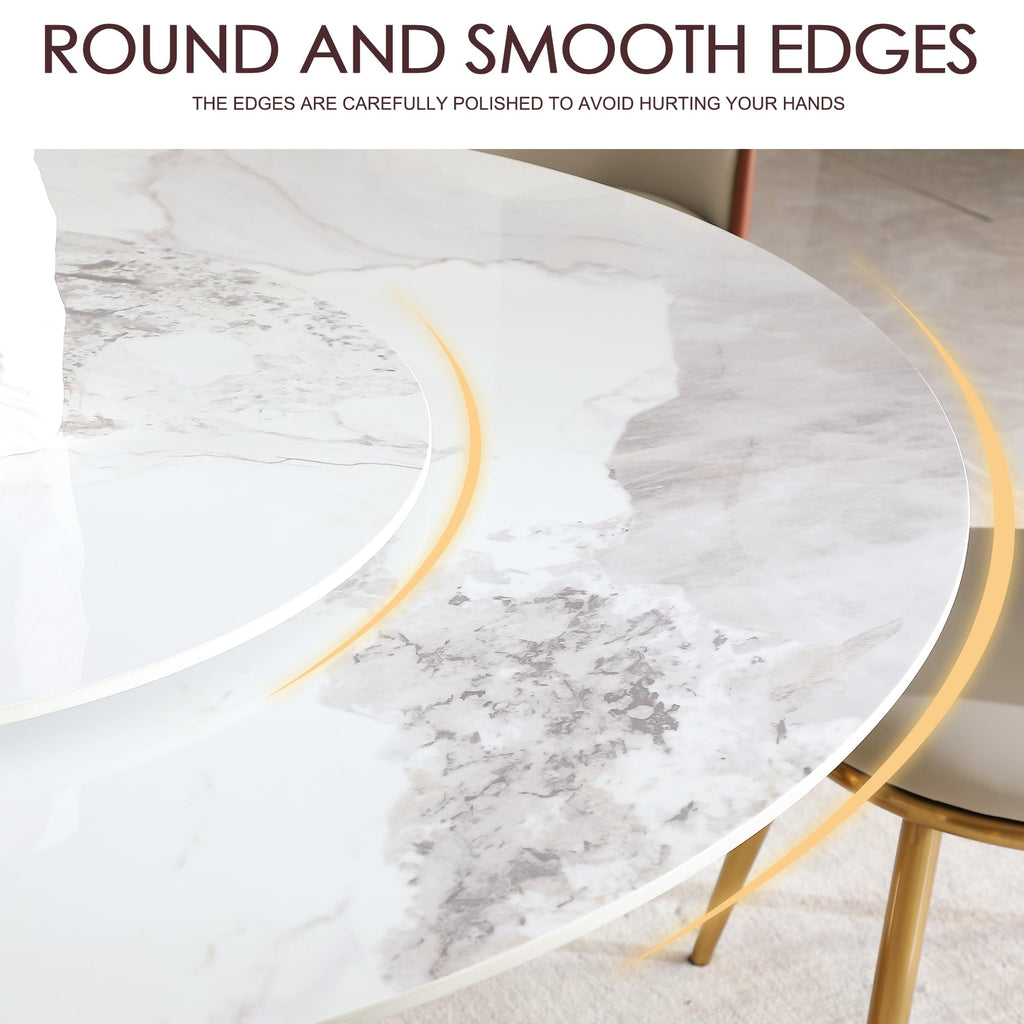Marble Dining Table, 59" D Round Sintered Stone Tabletop with 31.5" D Removable Turntable, Luxurious Dining Room