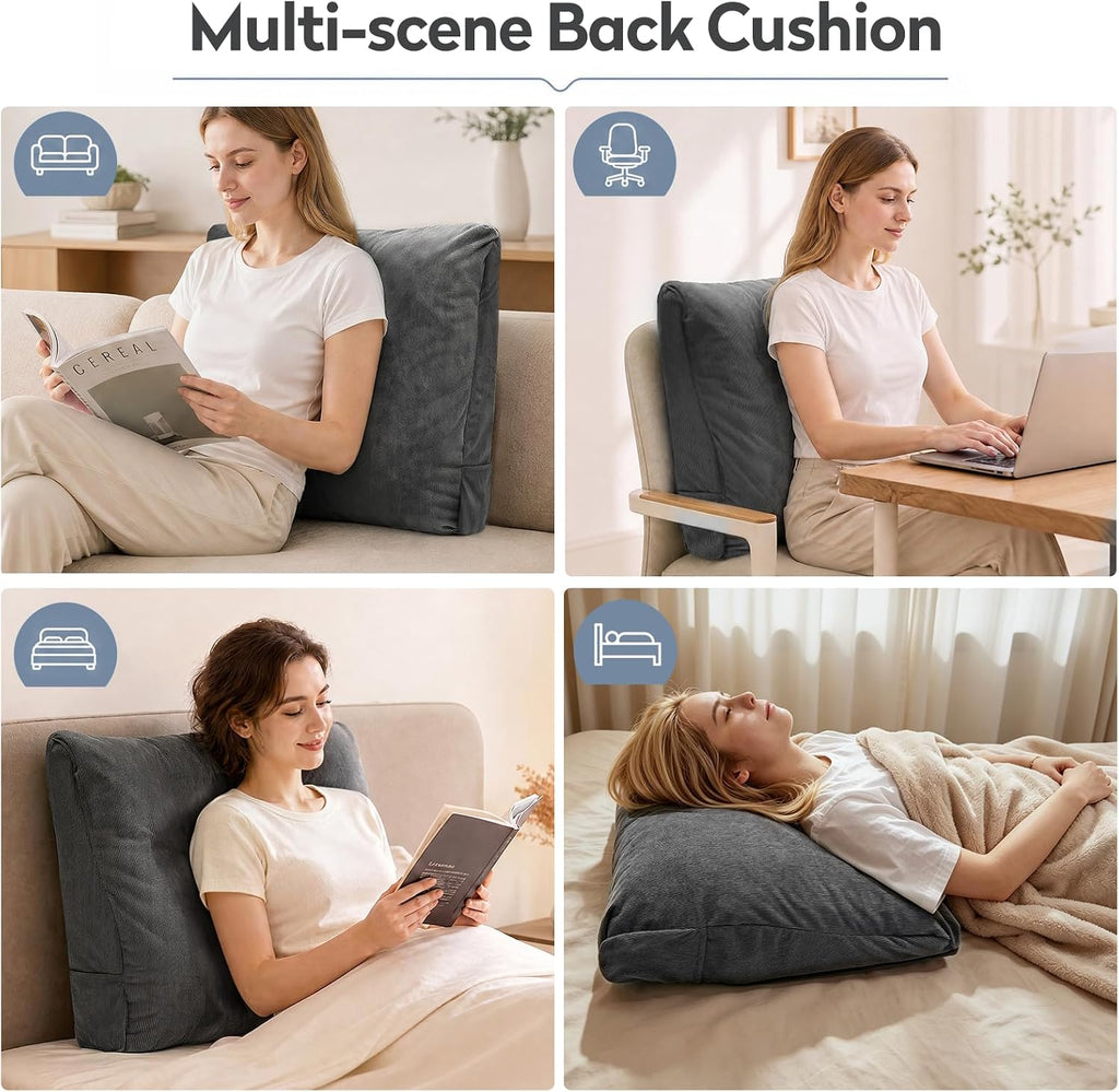 Couch Back Cushion, Shredded Foam Lumbar Support Pillow with Side Pocket | Triangle Ergonomic Back Pillow with