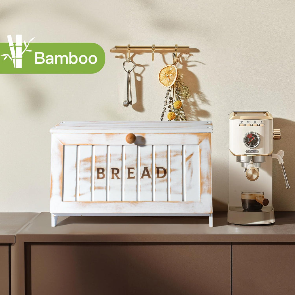 Bamboo Countertop, White Vintage Wooden Counter Breadbox, Single Layer Rustic Wood Large Capacity Bread Storage