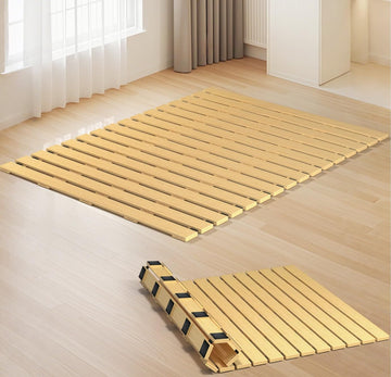 Tatami Mat Floor Bed, Knotless Solid Wood, Roll-Up Slatted Bed Plate with 2 Storage Straps, Moisture-Proof and