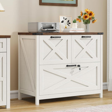 Lateral File Cabinet, Farmhouse Filing Cabinet, Rustic White | 3 Drawer File Cabinet with Lock for Letter/A4/Legal