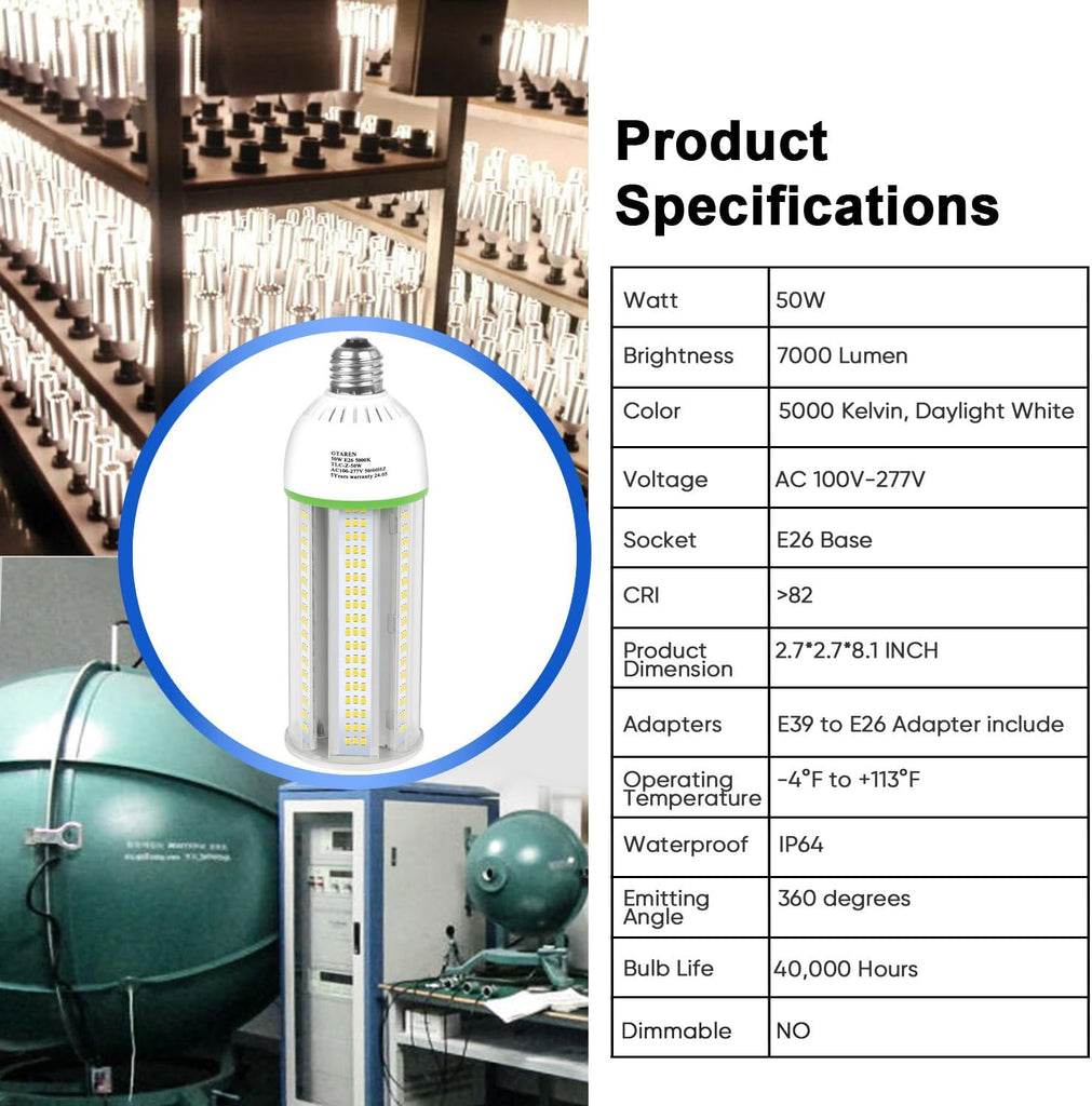 50W LED Corn Cob Light Bulb, 500W Equivalent, 5000K Daylight, E26/E39 Base, 7000 Lumens - Replace 175W MH/CFL