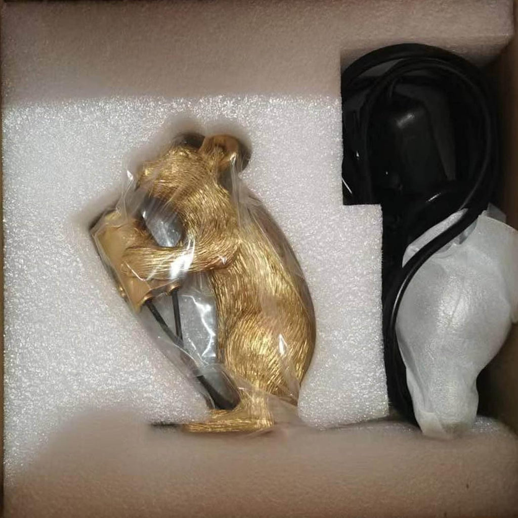 Cute Mouse Table Lamp, Gold Standing Resin Animal Desk Light with E12 LED Bulb Included, Warm Glow Mini Bedside Lamp