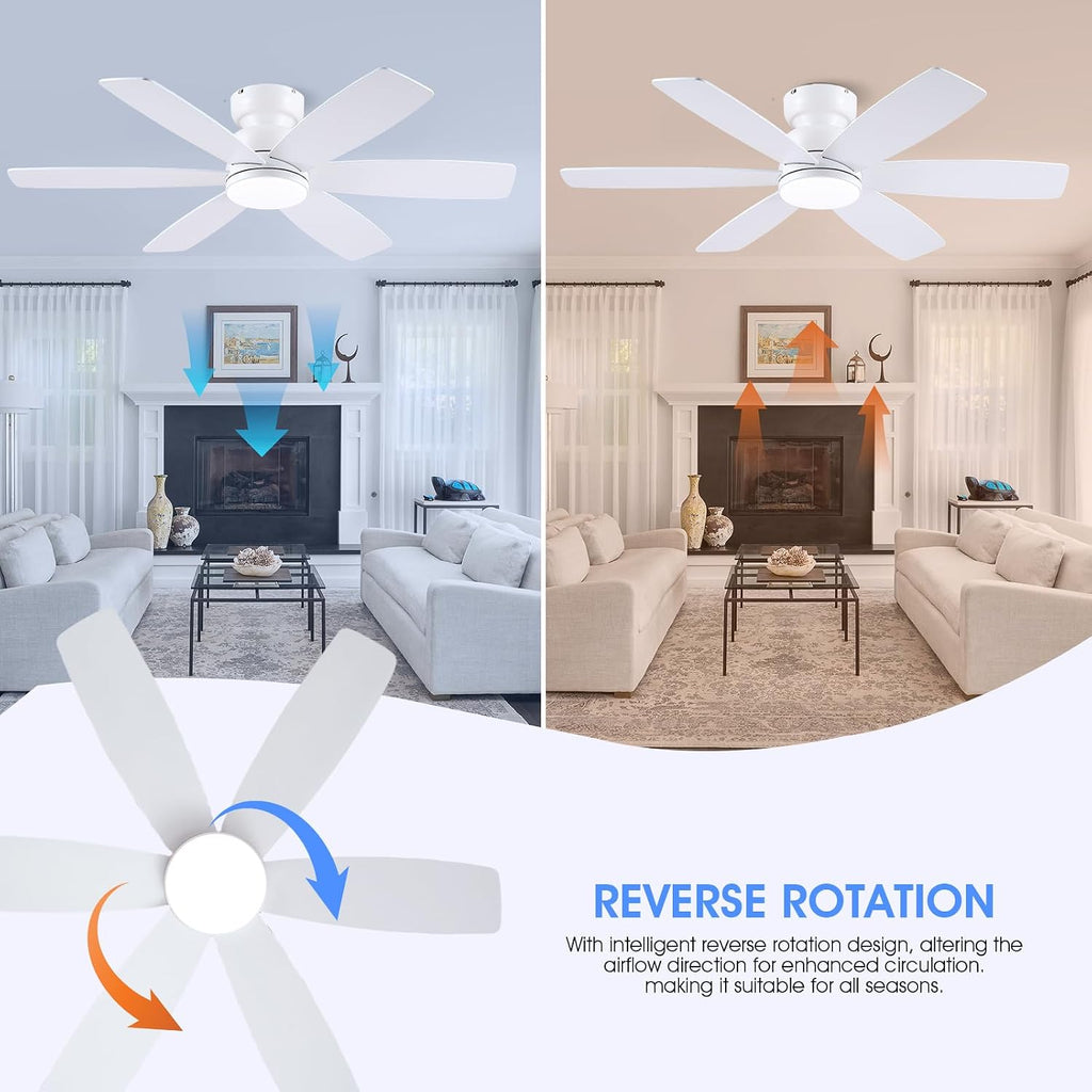 46 In Flush Mount Ceiling Fan with Light Remote/APP,6 Blades White