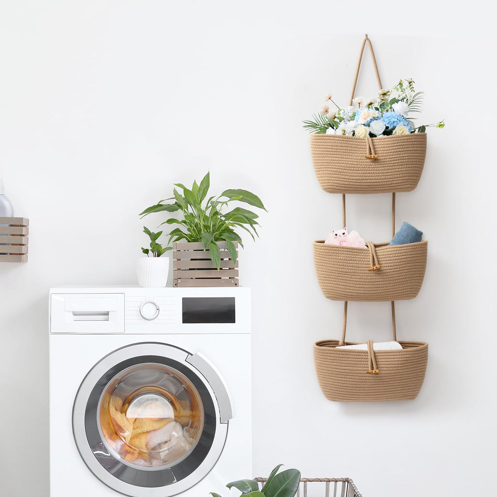 3-Tier Cotton Rope Baskets with Button Strap Over the Door Wall Hanging Baskets, Door Storage Organizer for