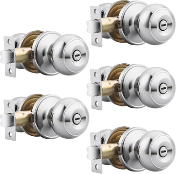Polished Chrome Door Knobs - Interior Bedroom Door Handles with Privacy Lock, 5 Pack