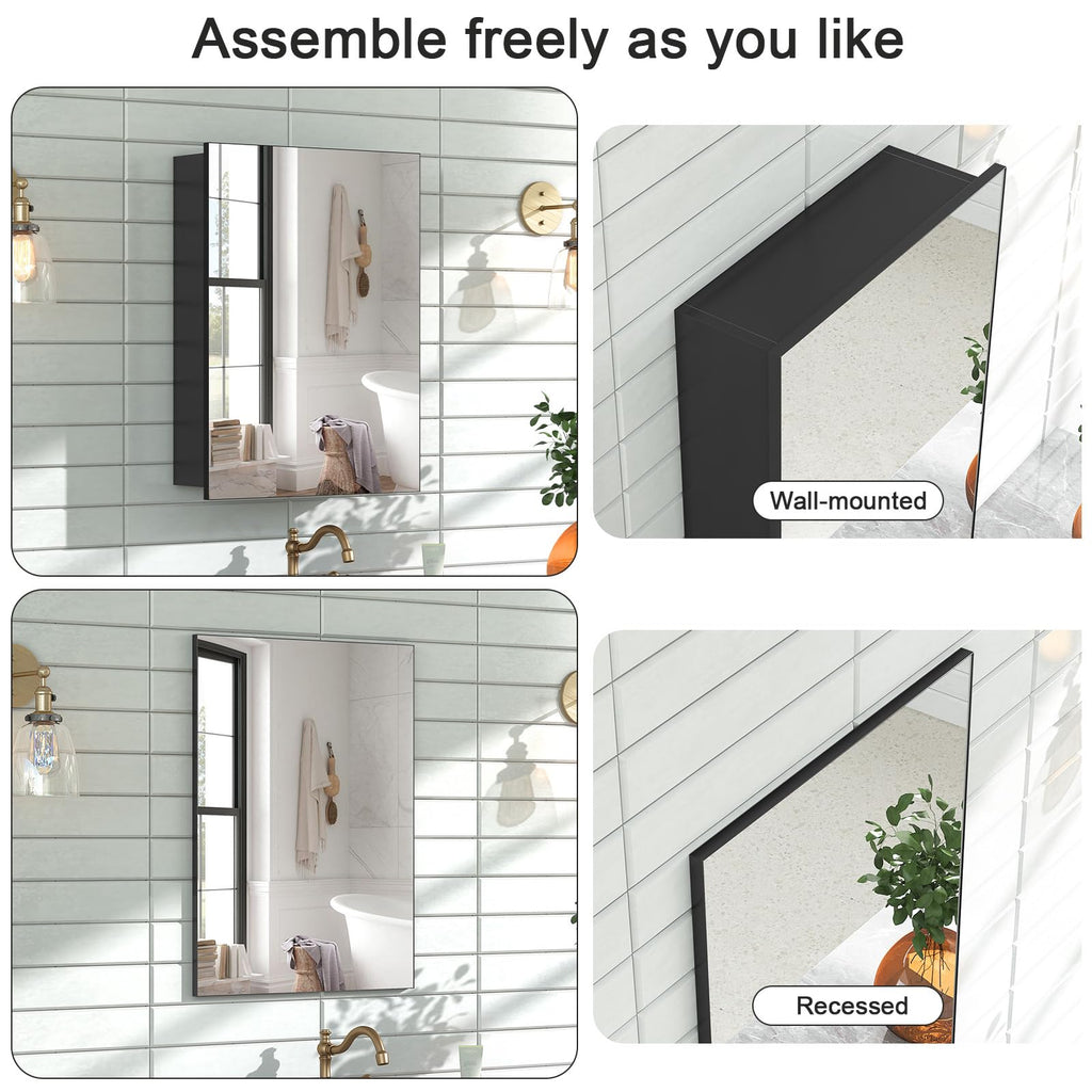 14 x 18 Black Medicine Cabinet, Aluminum Mirror Medicine Cabinet, Pre-Assembled Recessed/Surface-Mounted Medicine