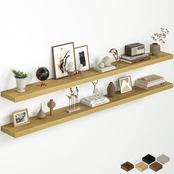72 Inch Floating Shelves for Wall, 8 Inch Deep Wall Mounted Wood Shelves with Invisible Brackets Storage Decor, Oak