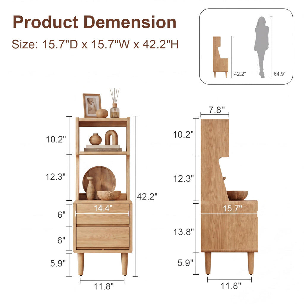 Solid Wood Bookshelf Nightstand Combo, Tall Nightstand with Bookshelf