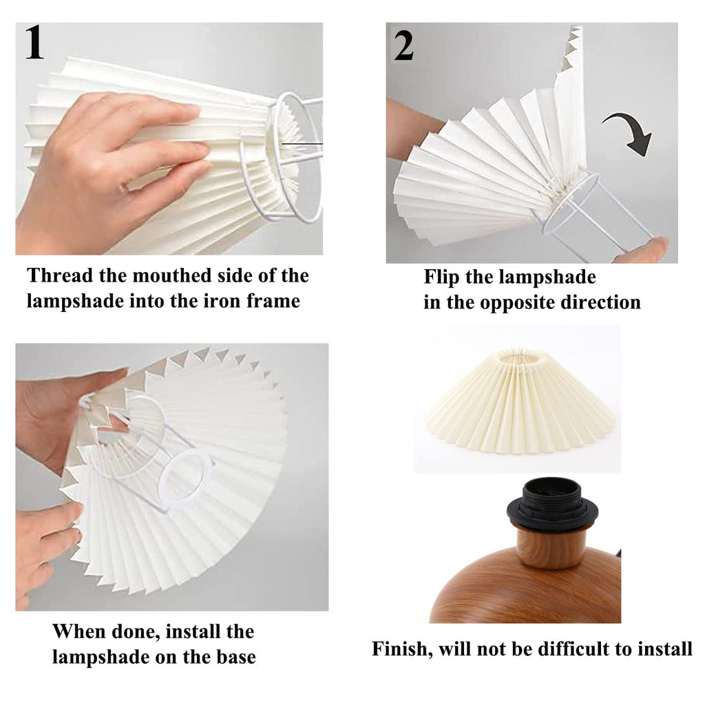 Cute Small Pleated Lamp, Modern Bedside Nightstand Light with Beige Lampshade, Wooden Pattern Metal Base Desk Lamp