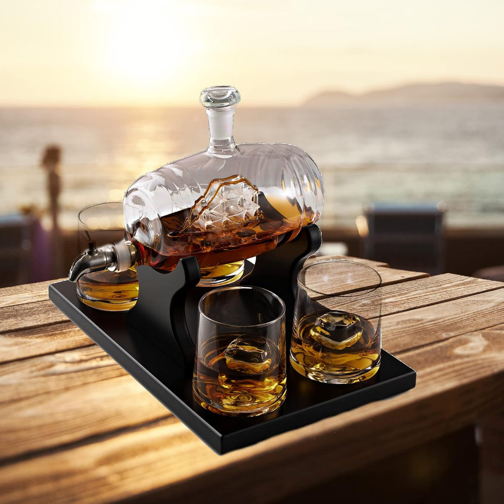 Whiskey Decanter Barrel Set - 1000ml Liquor Dispenser - 4 Glasses - Ship in a Bottle Bar Gifts - Set of 6