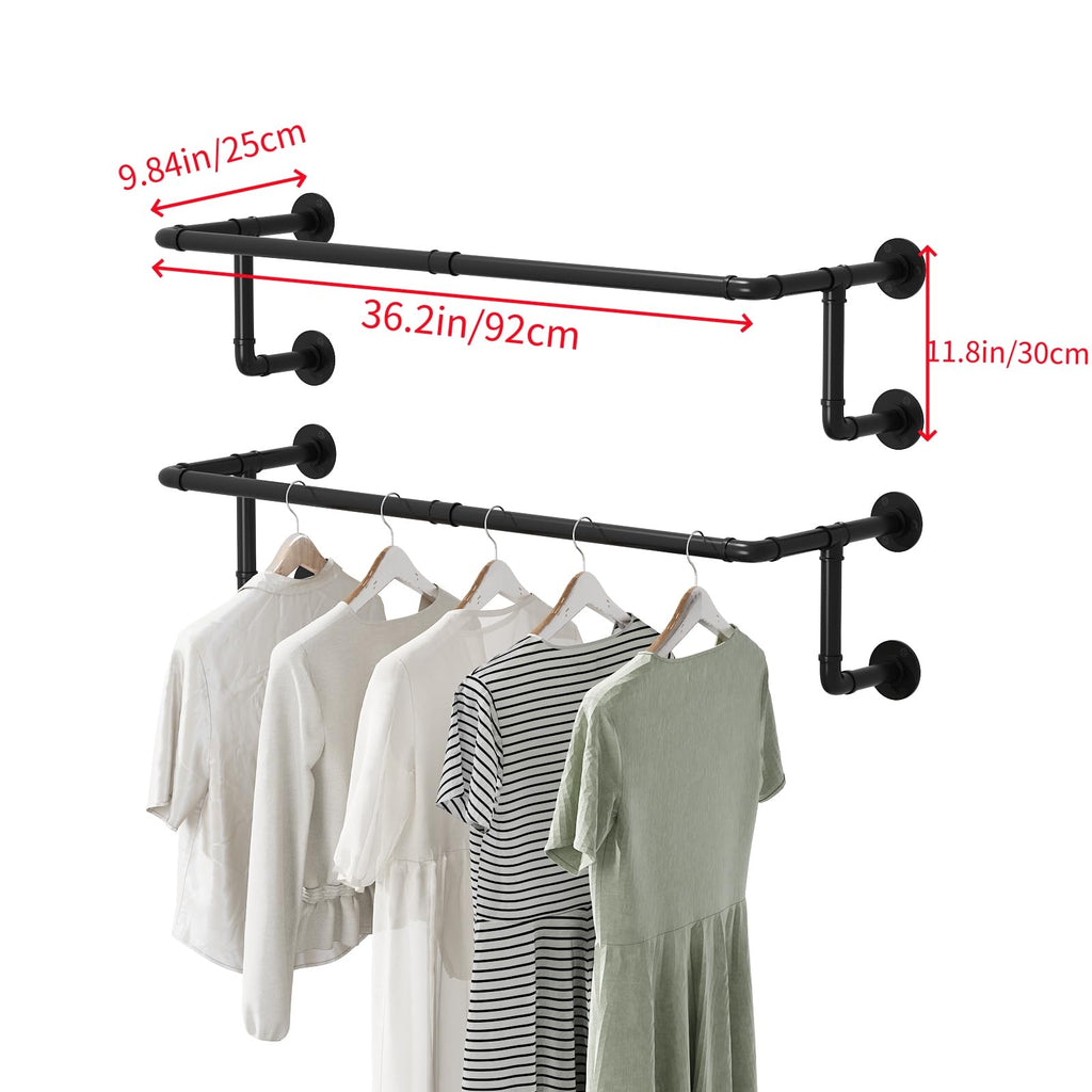 Industrial Pipe Clothes Racks 2 Pack, Black Pipe Wall Mounted Clothing Racks for Hanging Clothes, Space Saving Closet