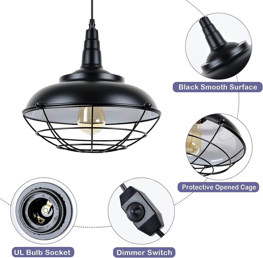 Plug In Hanging Light Fixtures, Black Cage Plug In Pendant Light, Metal Outdoor Chandelier for Gazebo Porch