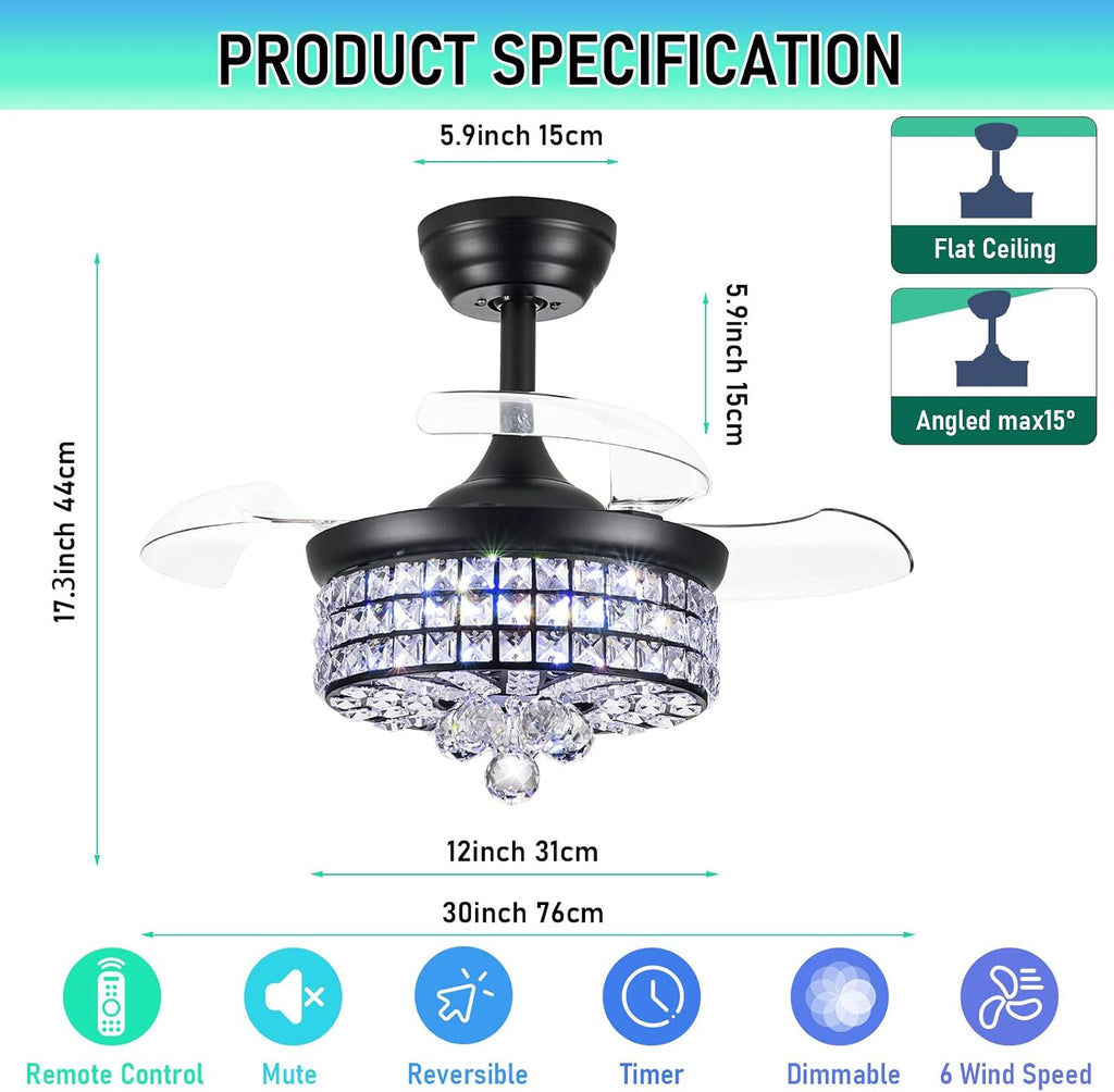 30" RGB Crystal Ceiling Fan with Light, Retractable Modern Chandelier Fan 6 Speeds Reversible Blades Black