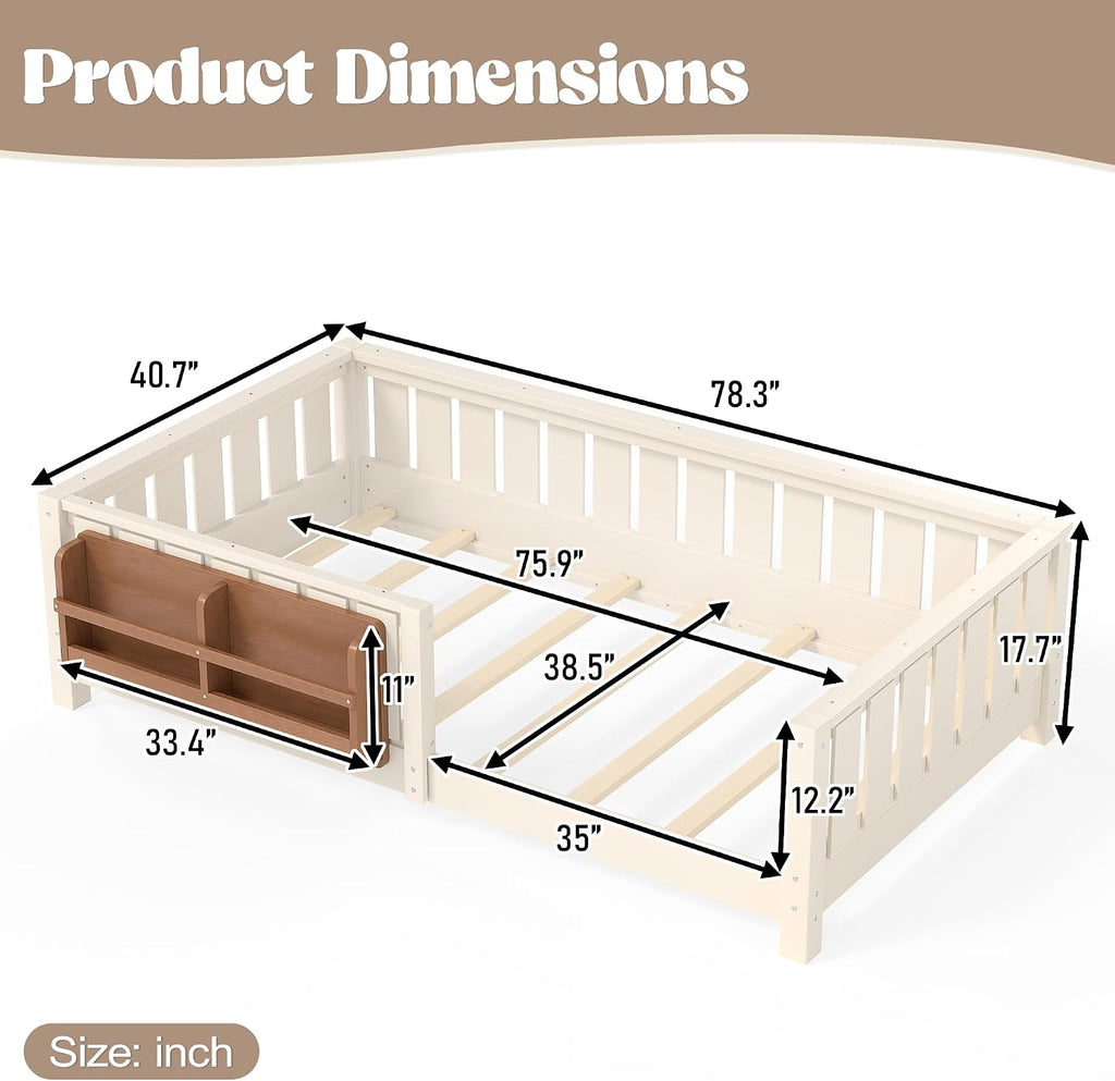 Kids Montessori Floor Bed Frame with Bookshelf and Guardrail, Solid Wood Floor Bed Frame with Slats for