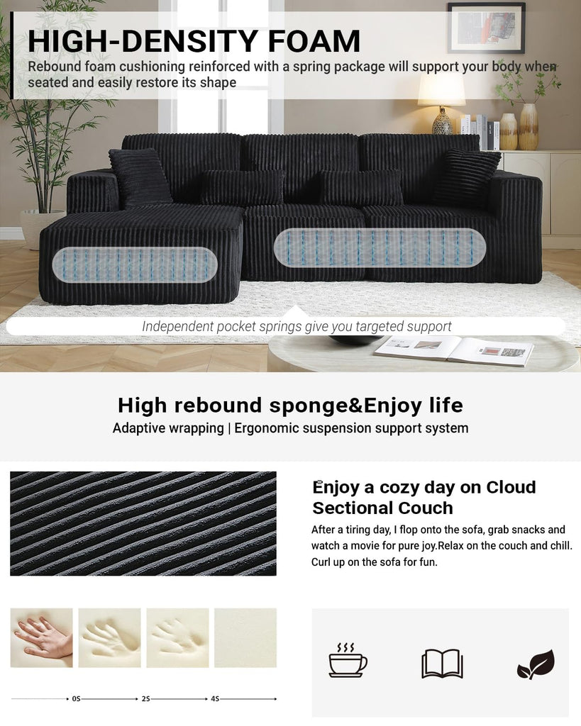 110" Cloud Sectional Couch, Modular Sectional Sofa with Deep Seat, Corduroy Upholstered Boneless Couch Bedroom, Left