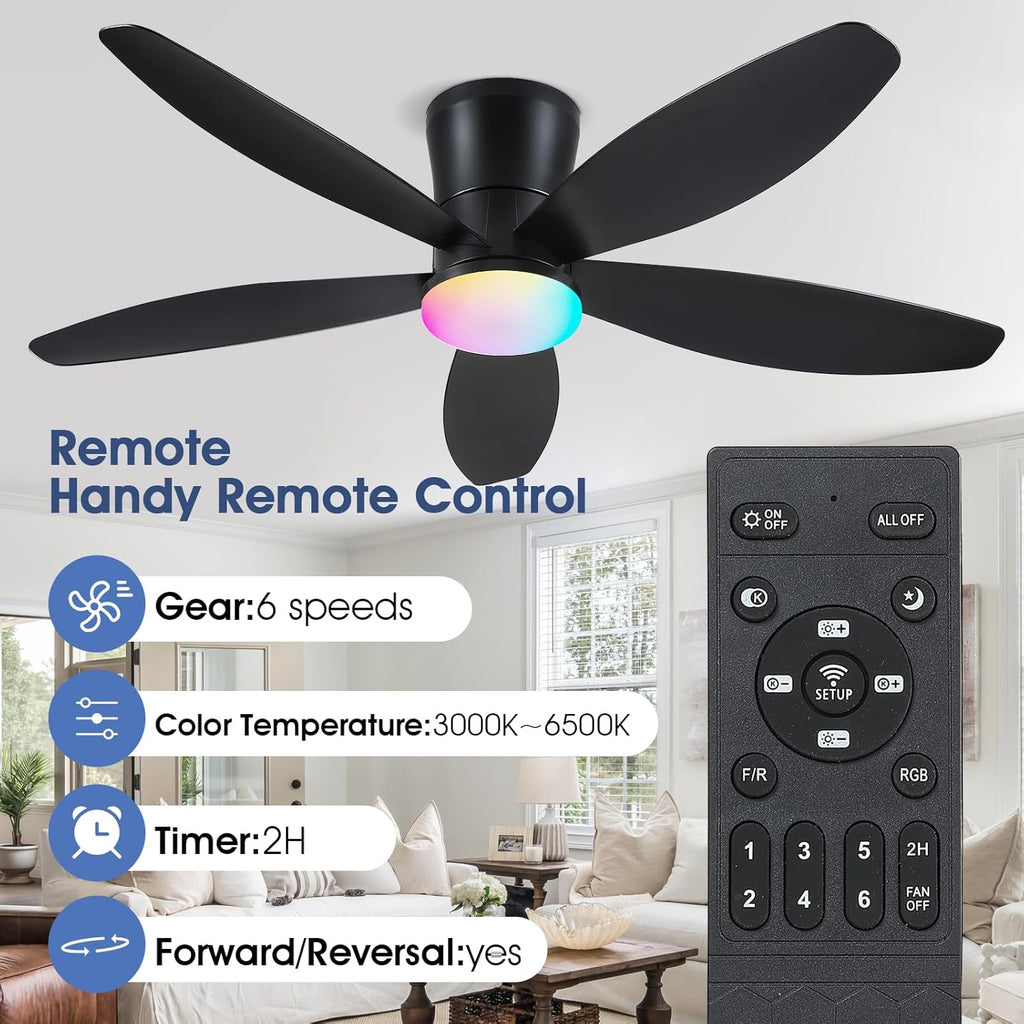 Flush Mount RGB Ceiling Fans with Lights-48 Low Profile Ceiling Fan with Light and Remote/APP Control,DC Reversible,LED Dimmable Blakc Ceiling Fans for Bedroom,Indoor/Outdoor Patio Use A101-B0F8HW7T84