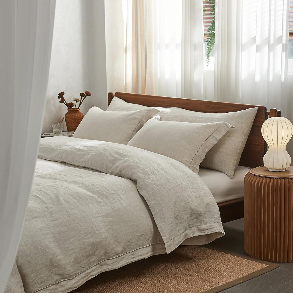 100% Washed Linen Duvet Cover Set with Embroidered,3 Pieces Soft Farmhouse Comforter Set with Button Closure,1 Duvet