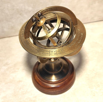 Antique Brass 6" Decorative Armillary Sphere Globe Astrolabe Zodiac Engraved Celestial Globe Wooden Base