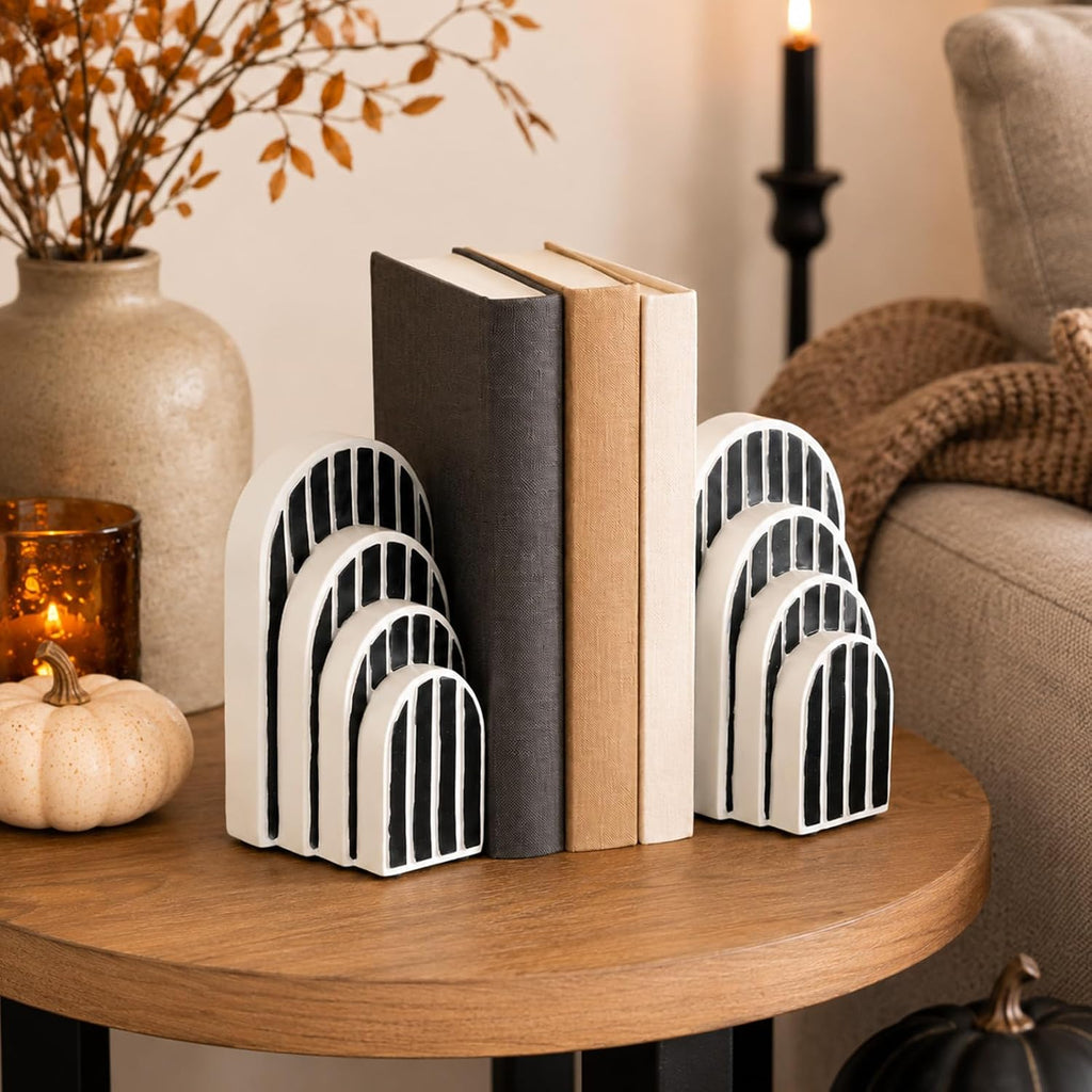 Modern Striped Arch Bookends Set of 2 Resin Black White Geometric Shelf | Stylish modern striped arch bookends